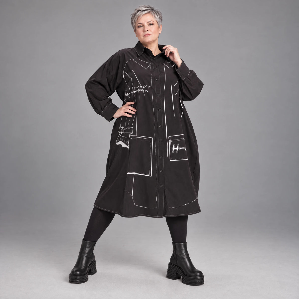 Schwarzes A-FormKleid aus Polyamid mit Kragen Langarm Grafikdruck und Seitennahttaschen