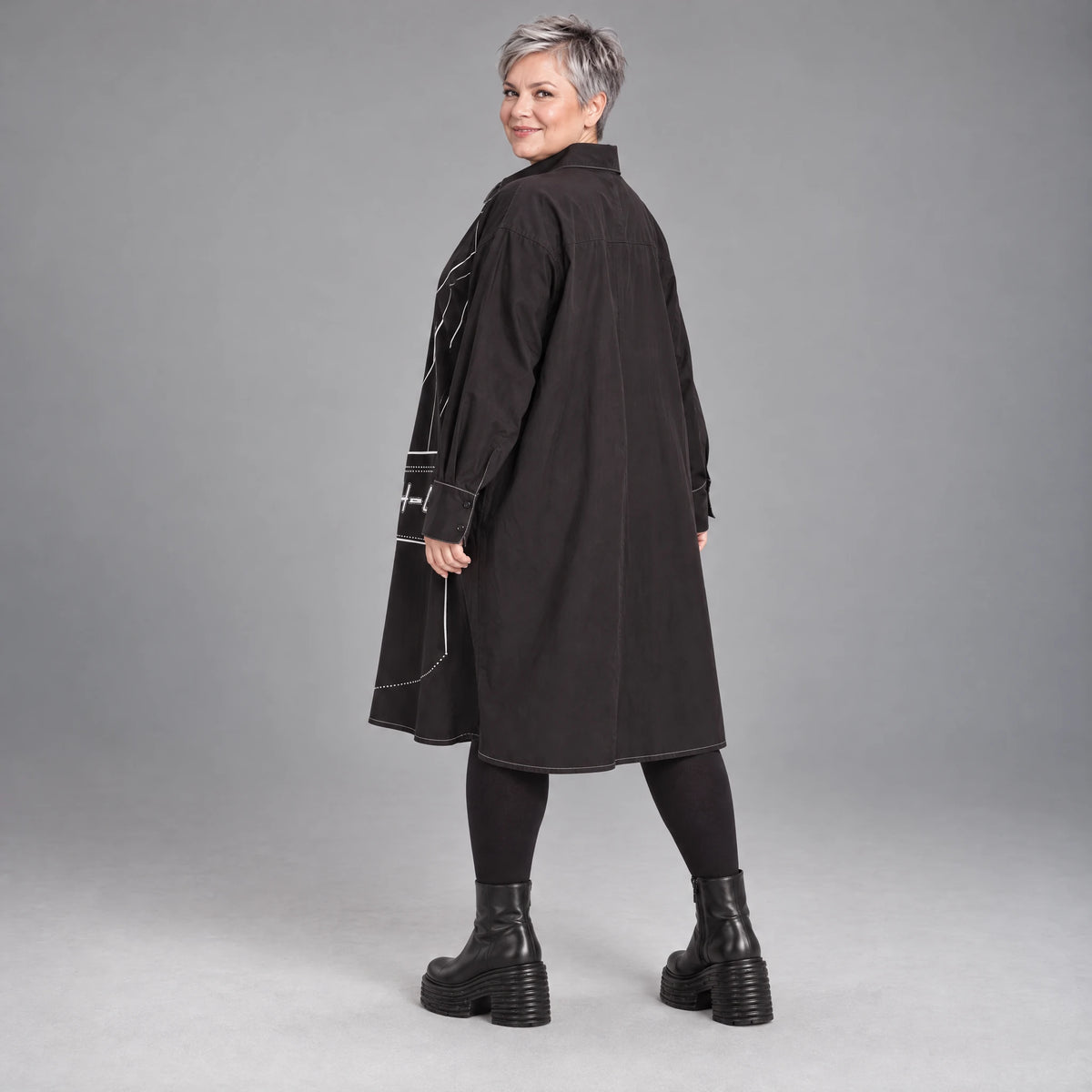 Schwarzes A-FormKleid aus Polyamid mit Kragen Langarm Grafikdruck und Seitennahttaschen