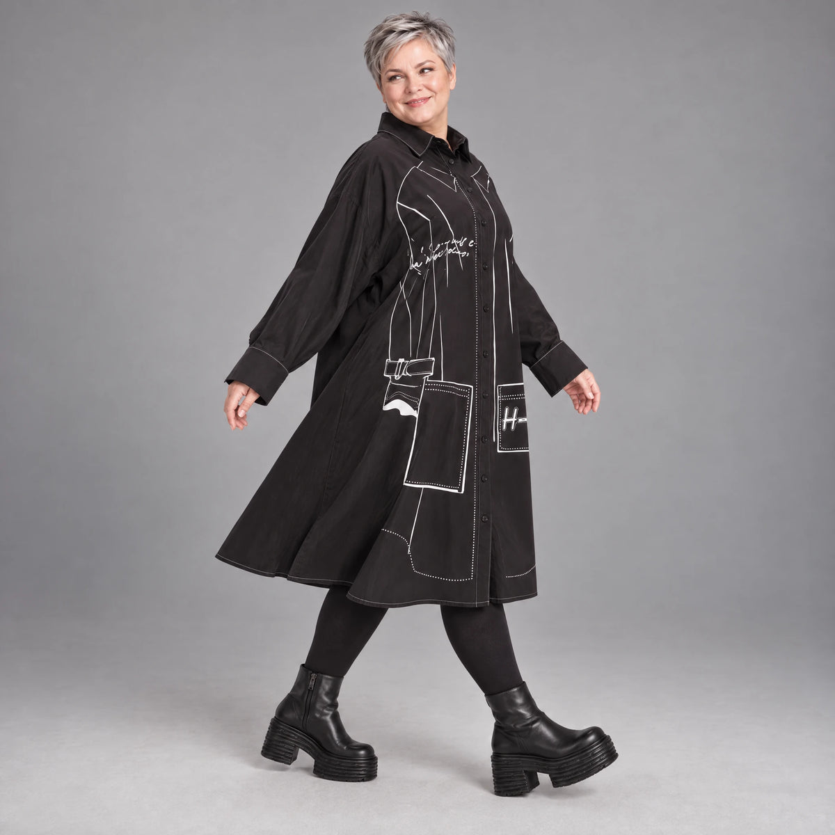Schwarzes A-FormKleid aus Polyamid mit Kragen Langarm Grafikdruck und Seitennahttaschen