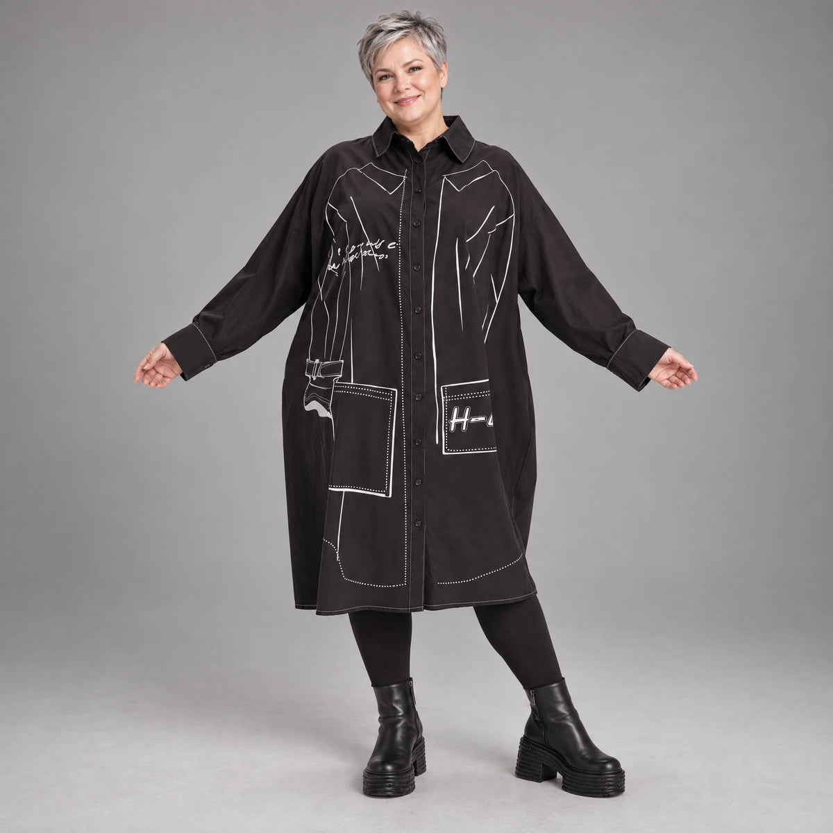 Schwarzes A-FormKleid aus Polyamid mit Kragen Langarm Grafikdruck und Seitennahttaschen