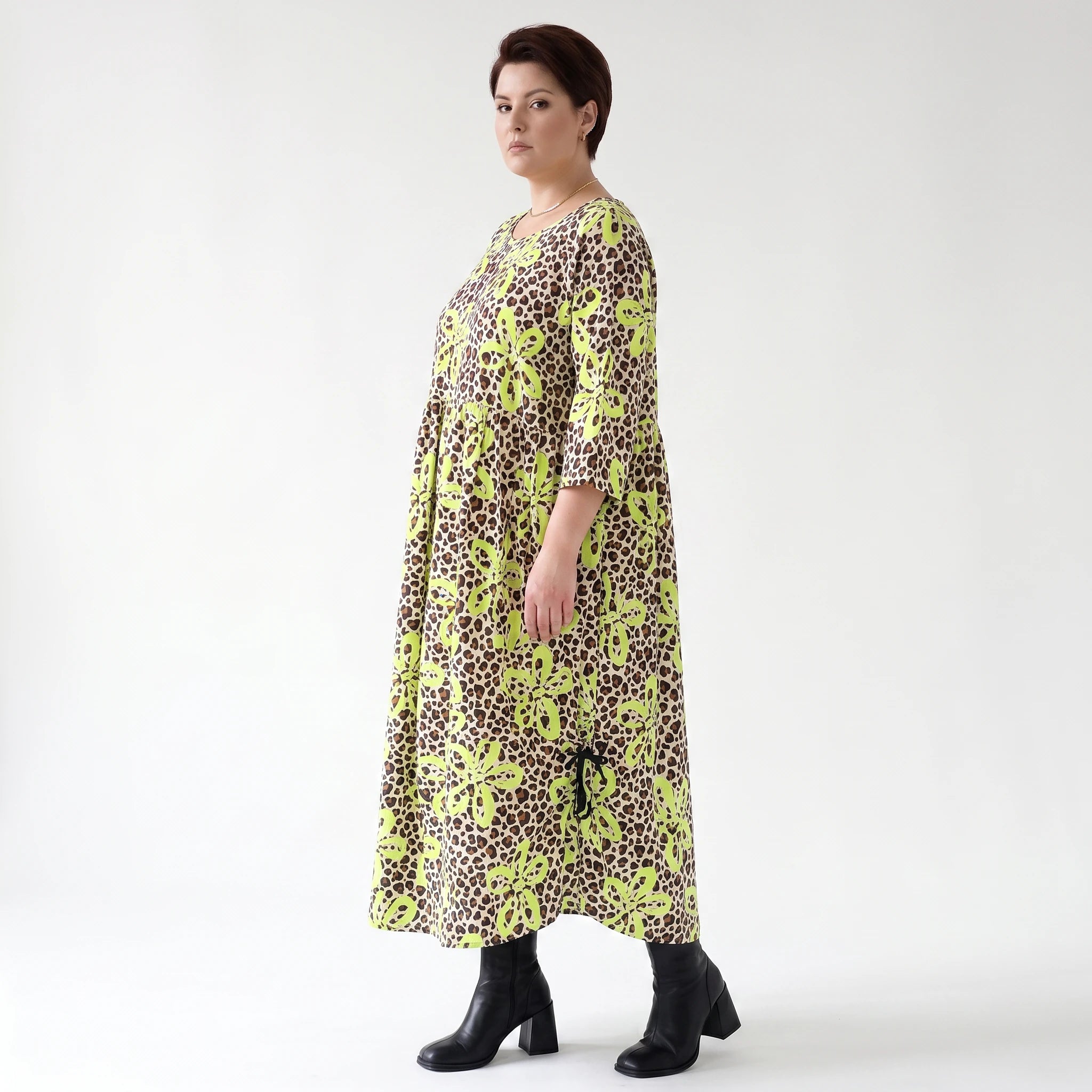 Ballonkleid von AKH Fashion aus Baumwolle, 1514.07122, Beige/Braun/Neongrün, Leopard