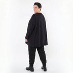A-Form Bigshirt aus schwarzem violettgrauem Jacquardmix mit V-Ausschnitt und Nahttaschen