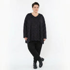 A-Form Bigshirt aus schwarzem violettgrauem Jacquardmix mit V-Ausschnitt und Nahttaschen