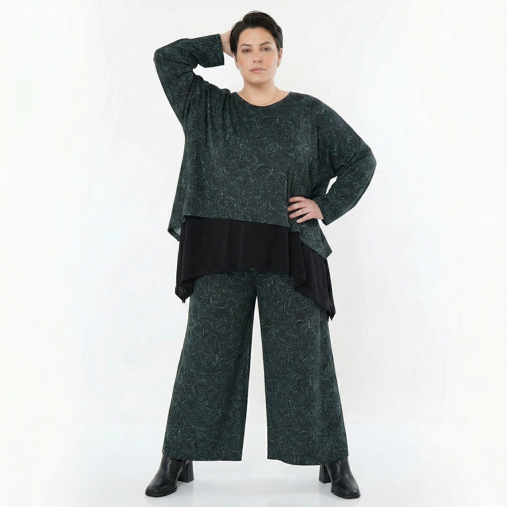 Marlene Hose von AKH Fashion aus Materialmix, 1516.02063, Schwarz/Petrol/Grün, Kringel