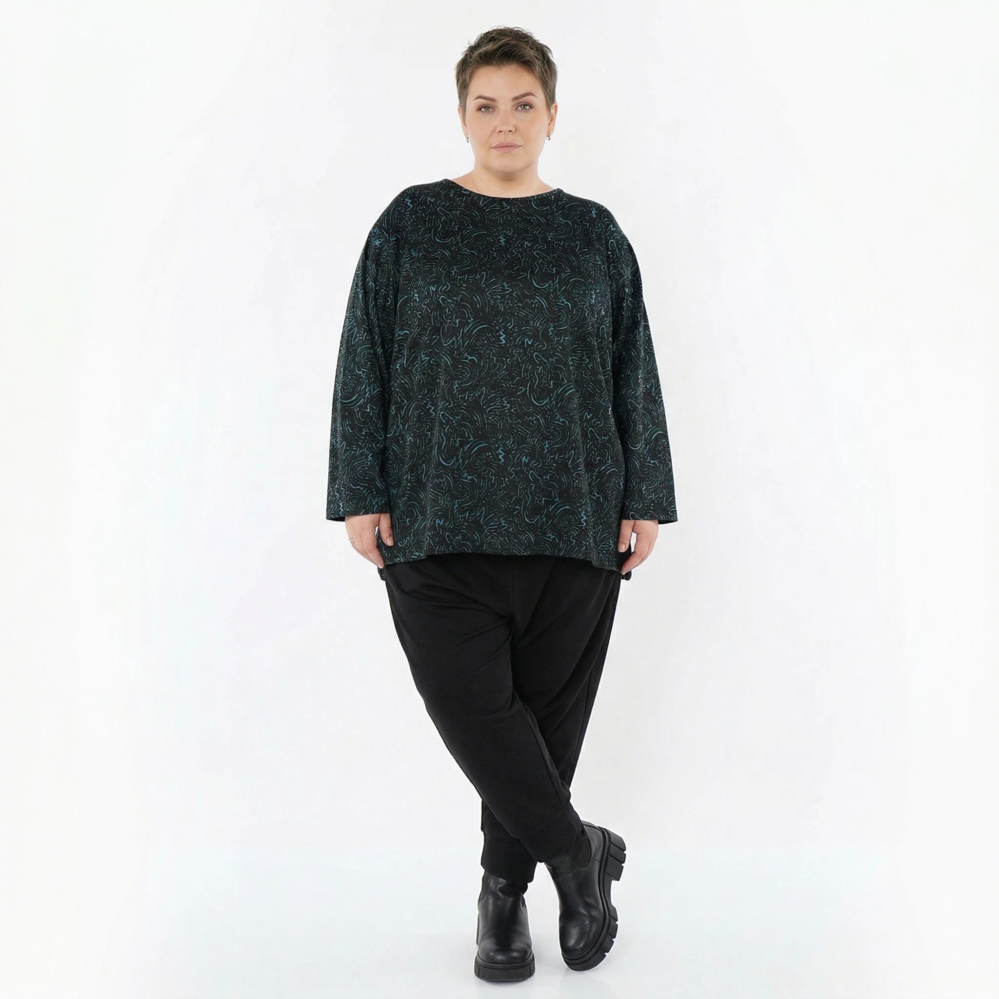 AKH Fashion Bigshirt in gerundeter Form, aus Materialmix, 1516.06815, Petrol