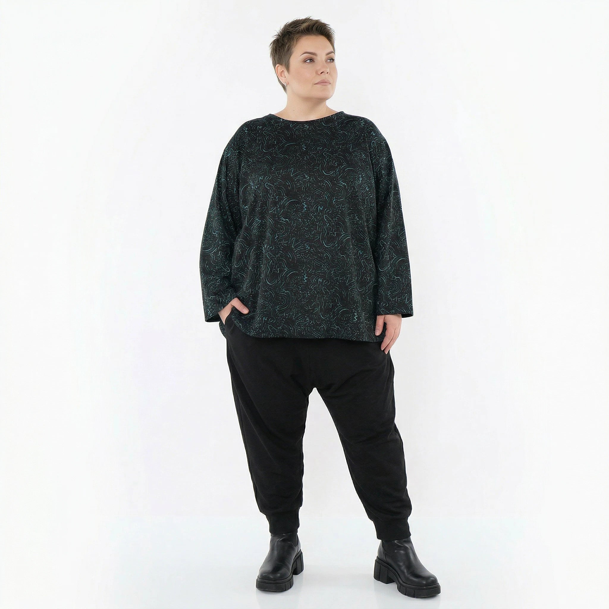 AKH Fashion Bigshirt in gerundeter Form, aus Materialmix, 1516.06815, Petrol