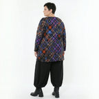 Feinstrickshirt in multicolor Karomuster Glockenform Langarm mit Rundhalsausschnitt leicht