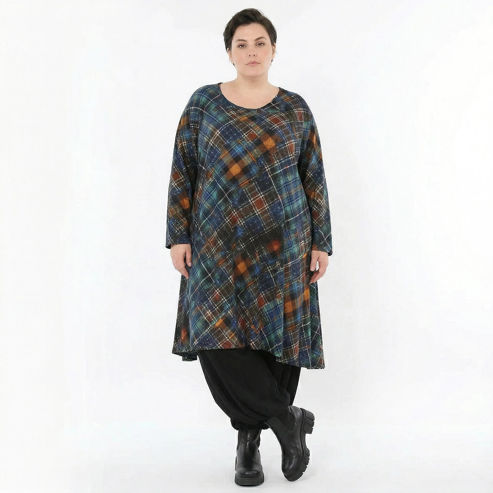 A-Form Bigshirt von AKH Fashion aus Viskose, 1518.02666, Multicolor/Grün, Kariert, Ausgefallen