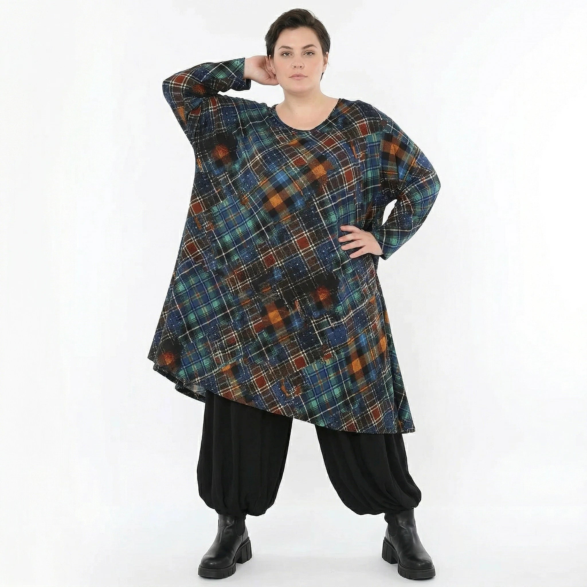 A-Form Bigshirt von AKH Fashion aus Viskose, 1518.02666, Multicolor/Grün, Kariert, Ausgefallen
