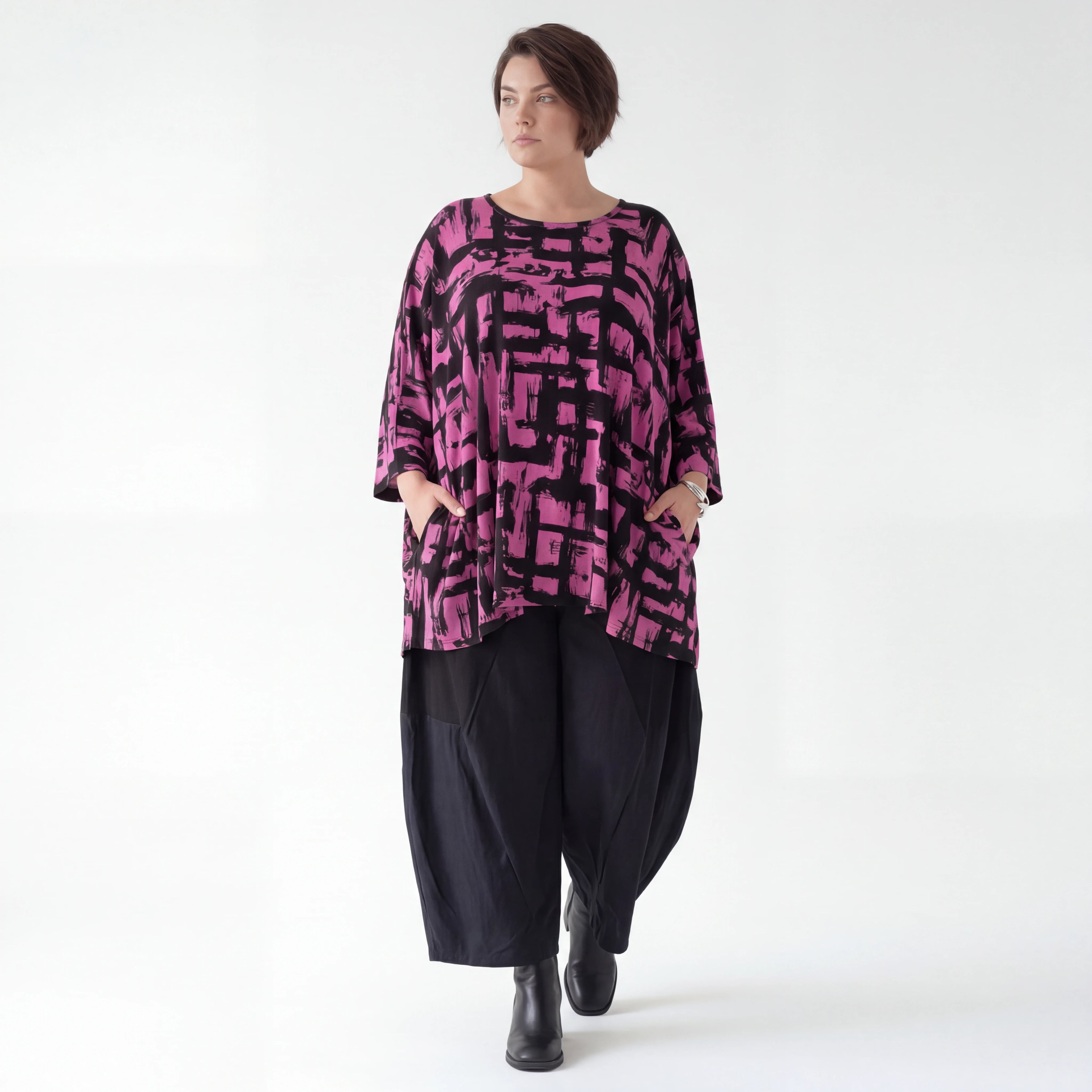 A-Form Bigshirt von AKH Fashion aus Viskose, 1519.07116, Fuchsia/Schwarz, Pinselstrich