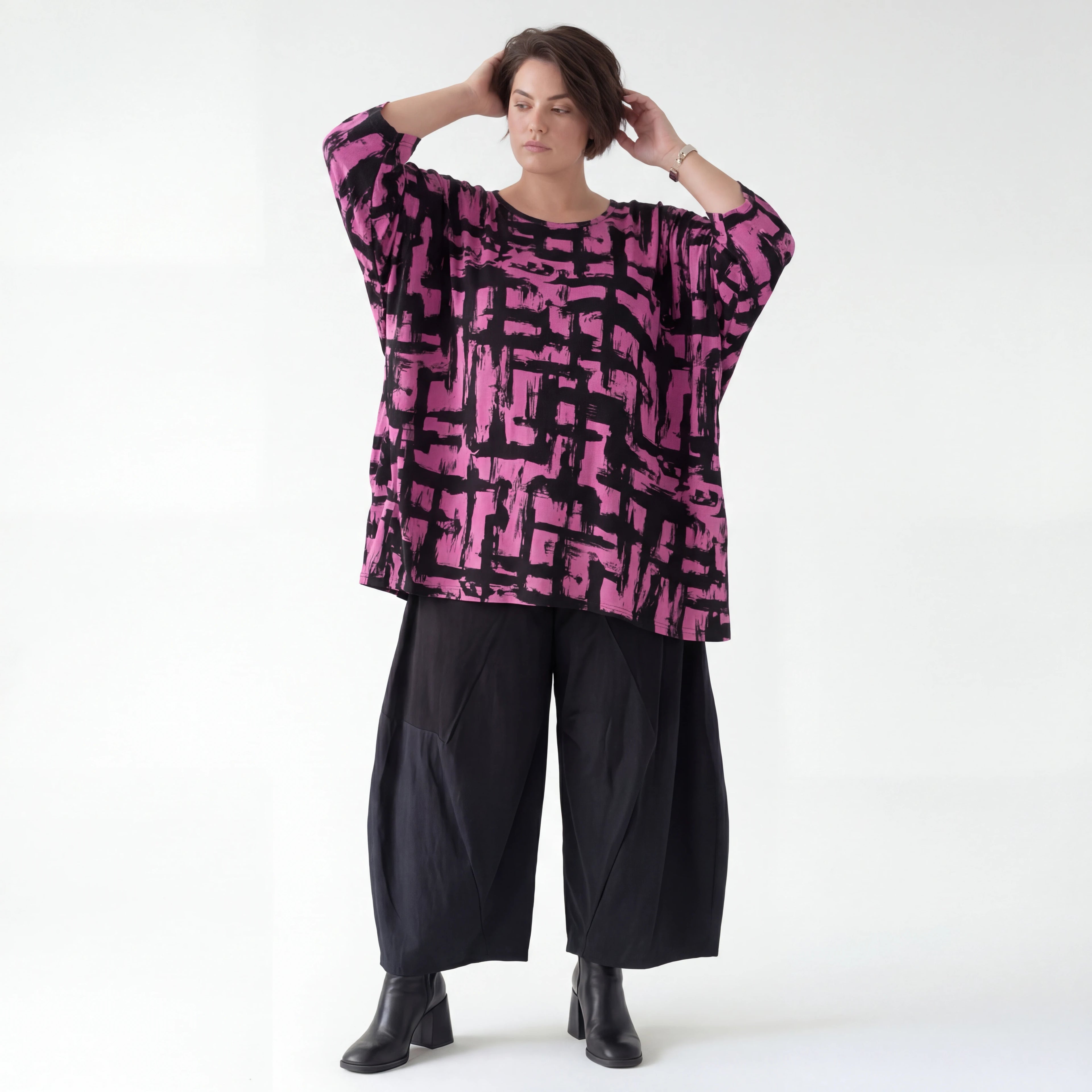 A-Form Bigshirt von AKH Fashion aus Viskose, 1519.07116, Fuchsia/Schwarz, Pinselstrich