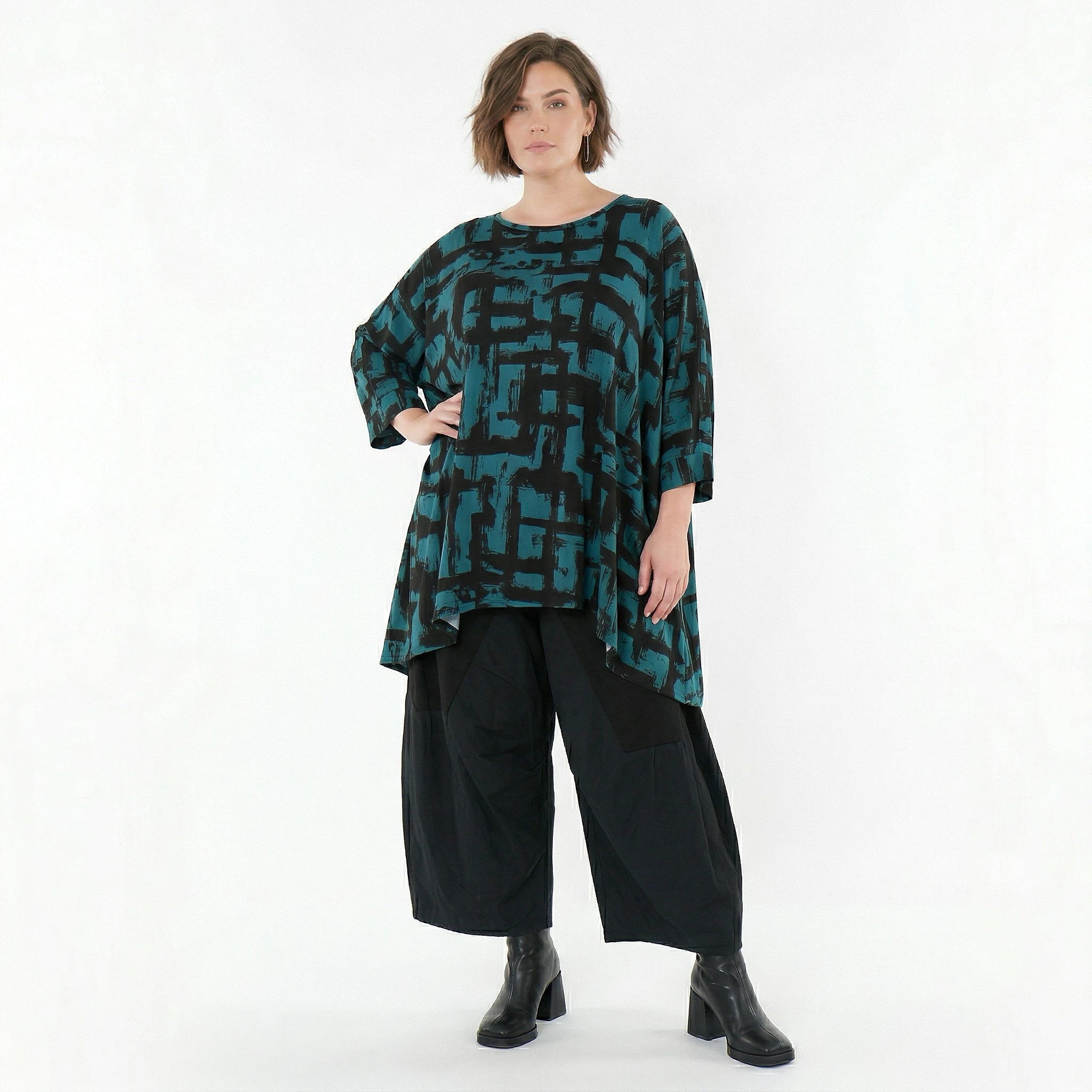 A-Form Bigshirt von AKH Fashion aus Viskose, 1519.07116, Petrol/Schwarz, Pinselstrich, Schick