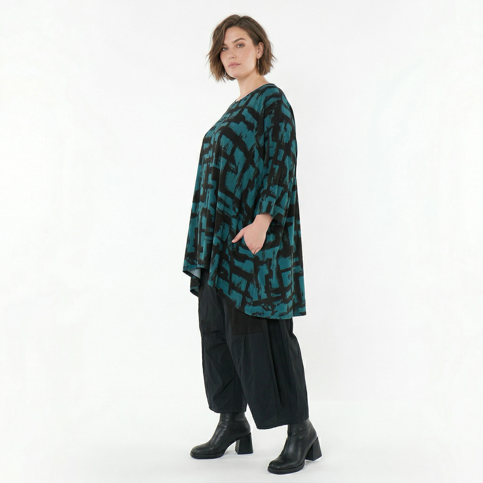 A-Form Bigshirt von AKH Fashion aus Viskose, 1519.07116, Petrol/Schwarz, Pinselstrich, Schick