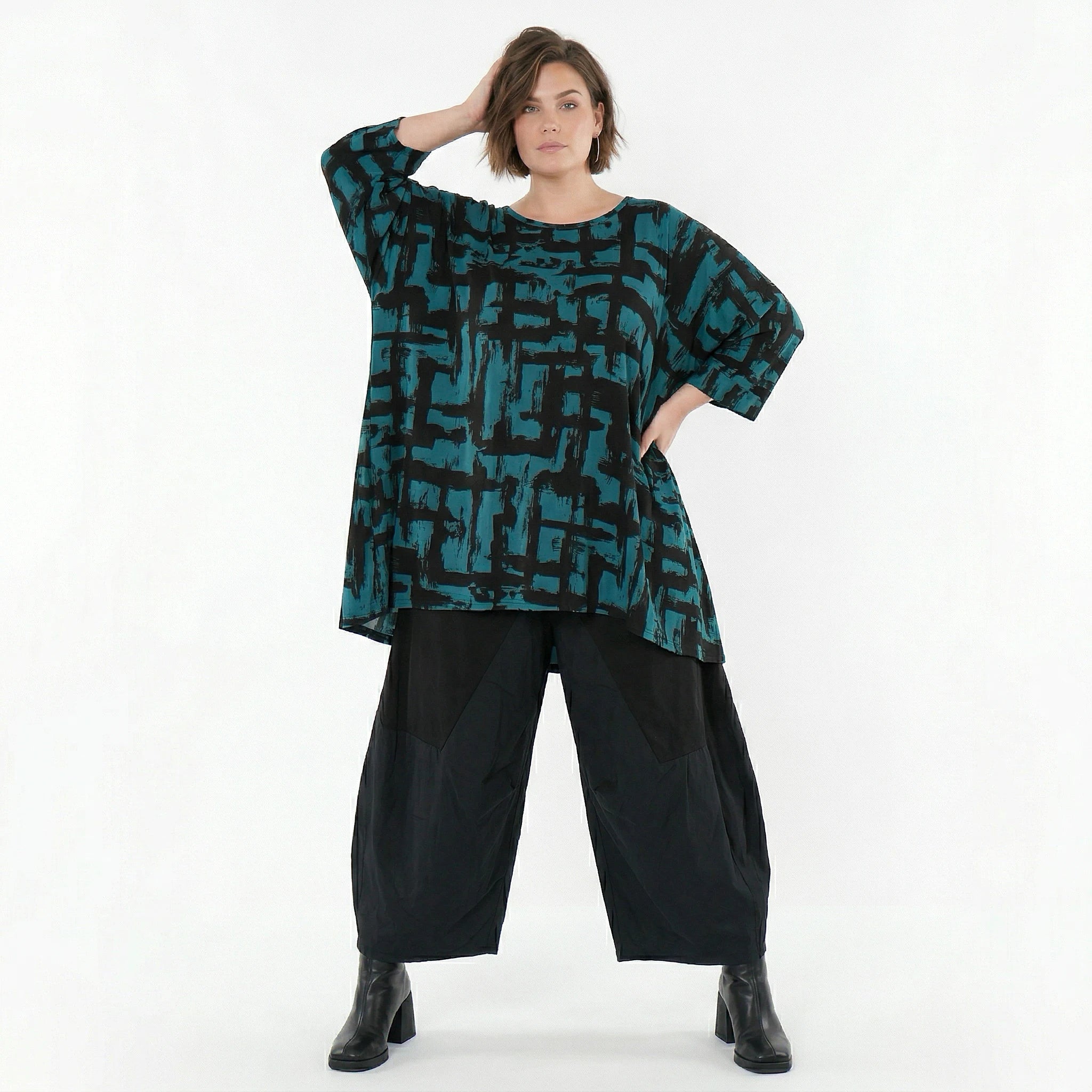 A-Form Bigshirt von AKH Fashion aus Viskose, 1519.07116, Petrol/Schwarz, Pinselstrich, Schick