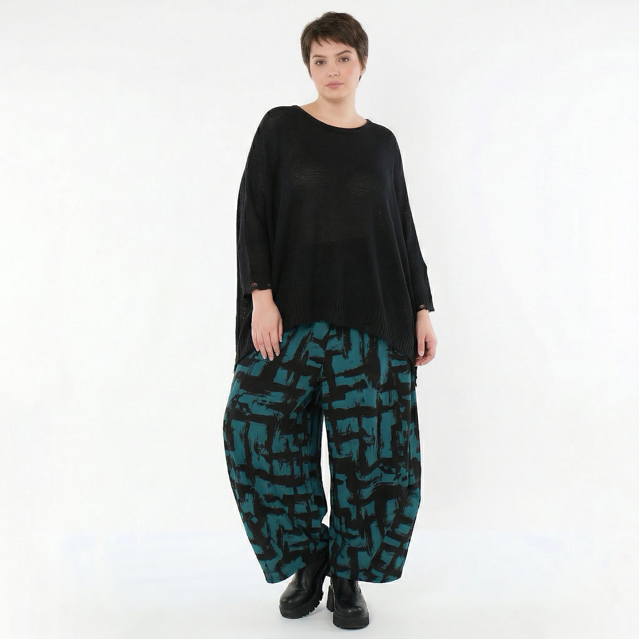 Ballonhose von AKH Fashion aus Viskose, 1519.08069, Petrol/Schwarz, Pinselstrich, Schick