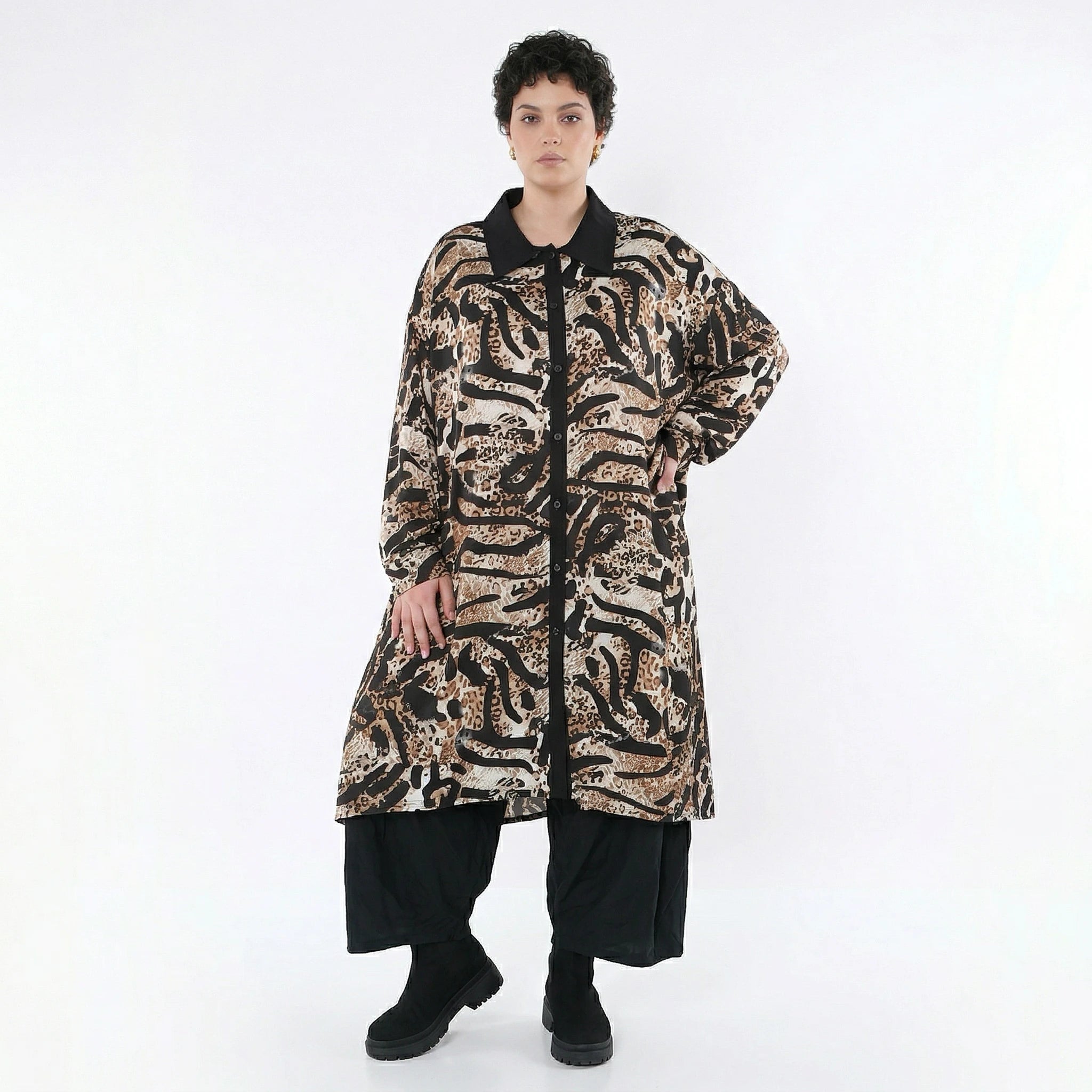 AKH Fashion Longbluse in gerader Form, aus Materialmix, 1521.07131, Schwarz/Cognac/Weiß