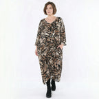Kleid im schwarz cognac weissen Leopardenmuster mit V-Ausschnitt Drapierung und Taschen
