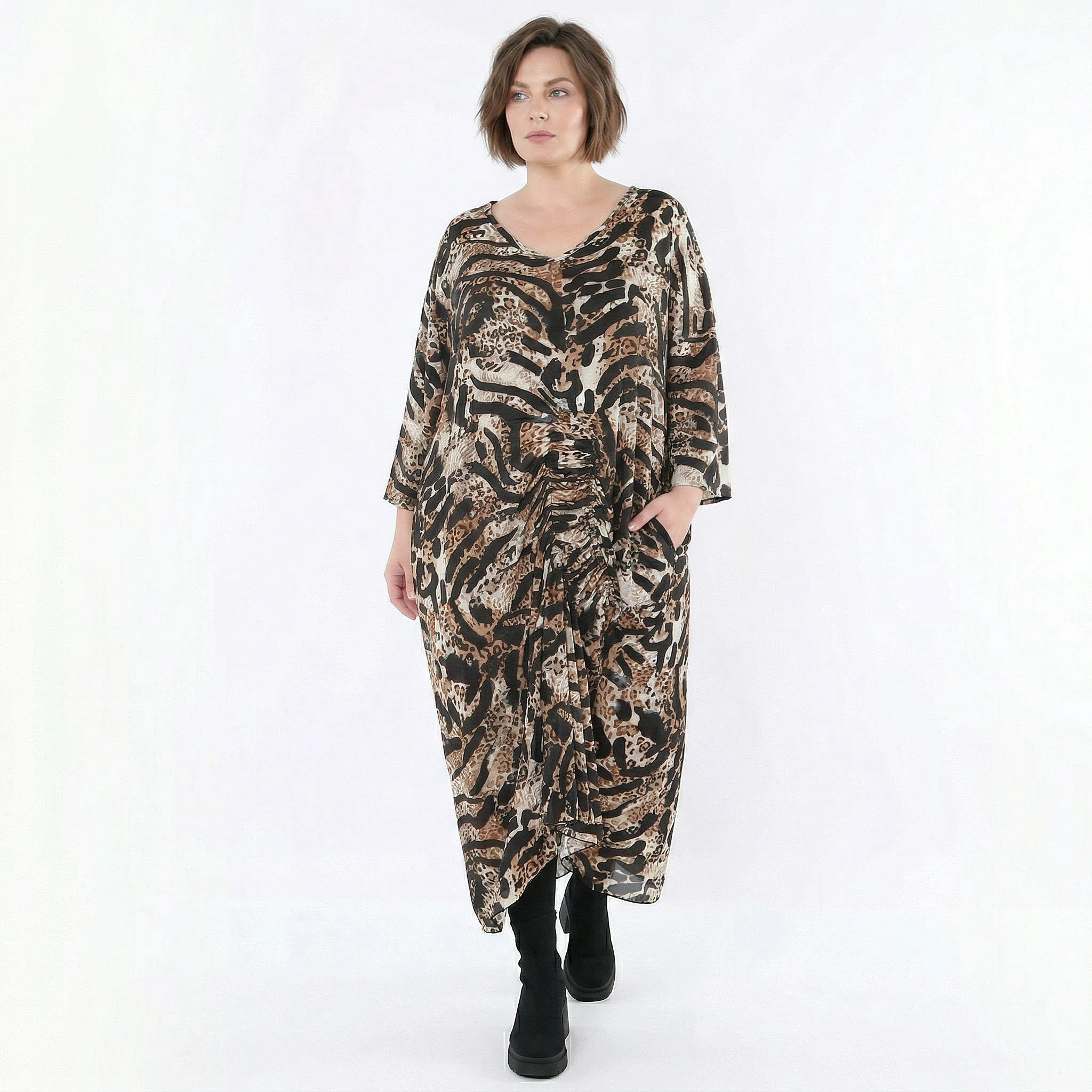 Kleid von AKH Fashion aus Materialmix, 1521.07134, Schwarz/Cognac/Weiß, Leopard, Schick