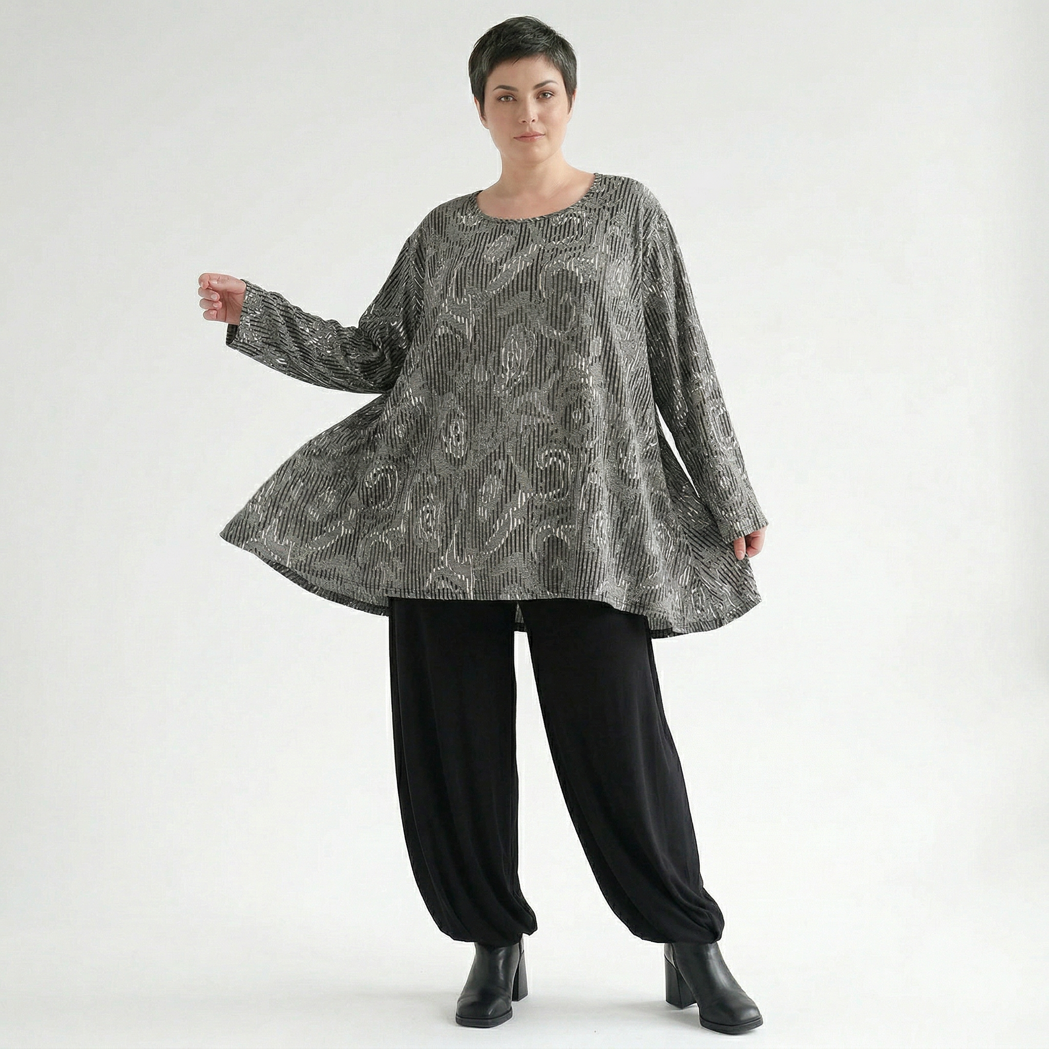 A-Form Bigshirt von AKH Fashion aus Materialmix, 1500593, Grau/Schwarz/Weiß, Vichy-Streifen
