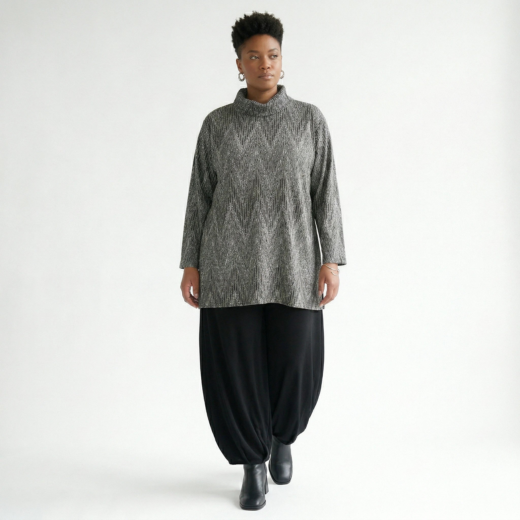 AKH Fashion Shirt in Glocken-Form, aus Materialmix, 1526.1892R, Grau/Schwarz/Weiß, Schick