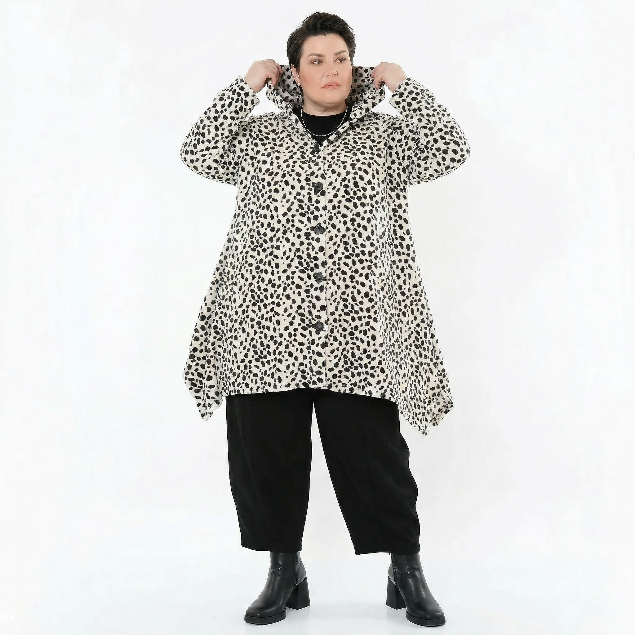 A-Form Jacke von AKH Fashion aus Polyester, 1527.02030, Weiß/Schwarz, Punkte, Ausgefallen