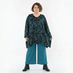 Langarmshirt in schwarz petrol mit Kringelmuster V-Ausschnitt und A-Form aus French Terry