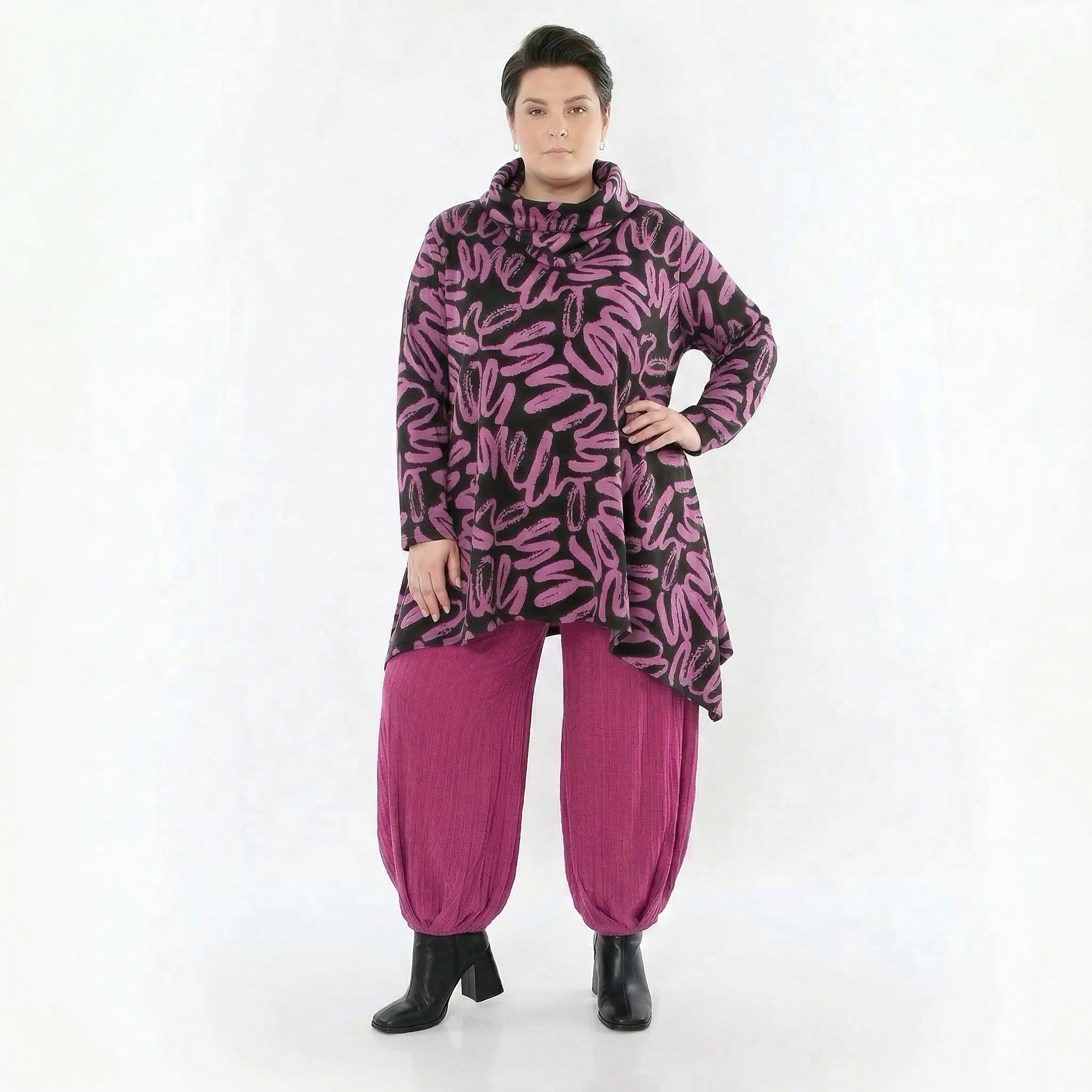 A-Form Shirt von AKH Fashion aus Materialmix, 1529.03371, Schwarz/Fuchsia, Kringel, Schick