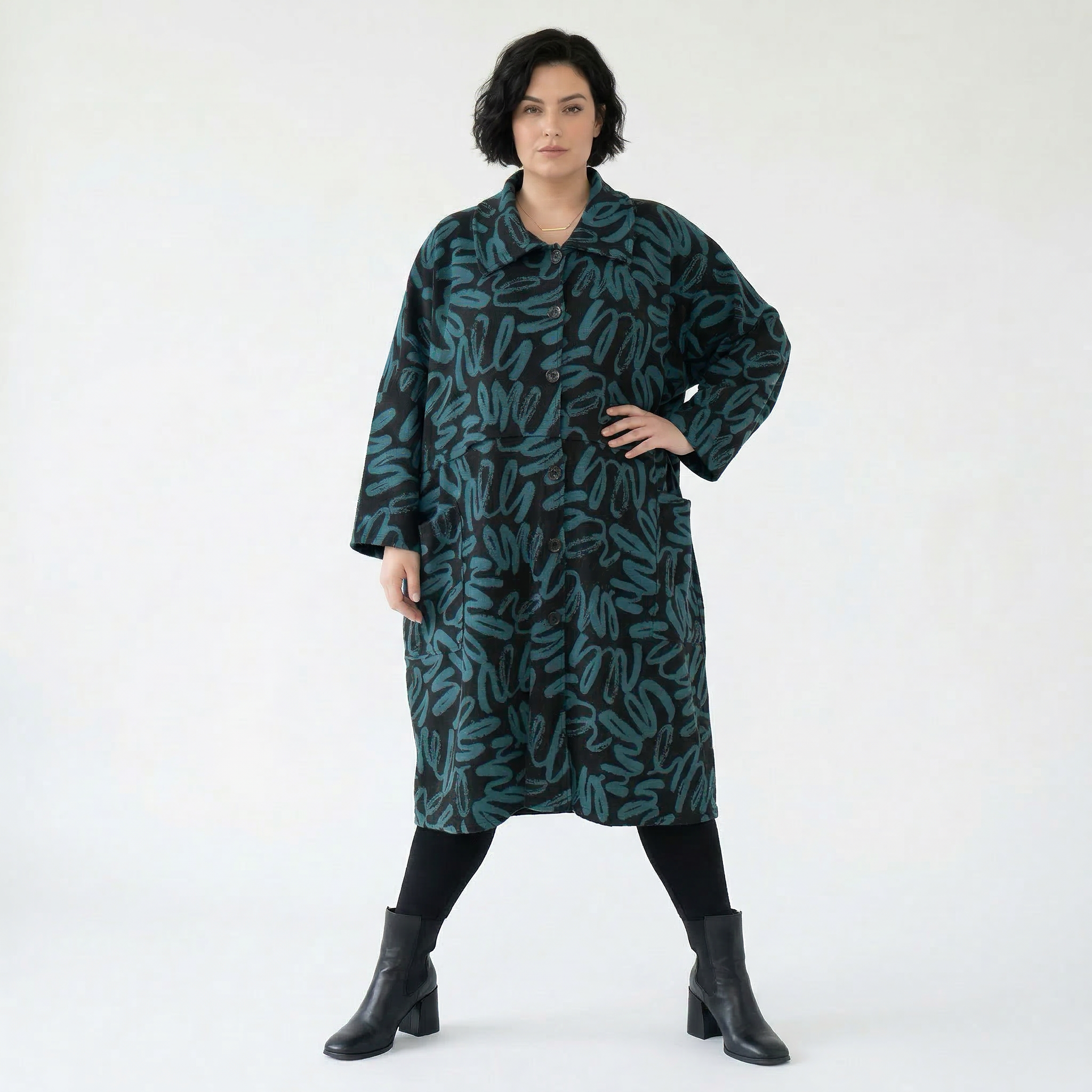 AKH Fashion Mantel in Glocken-Form, aus Materialmix, 1529.07041, Schwarz/Petrol, Kringel