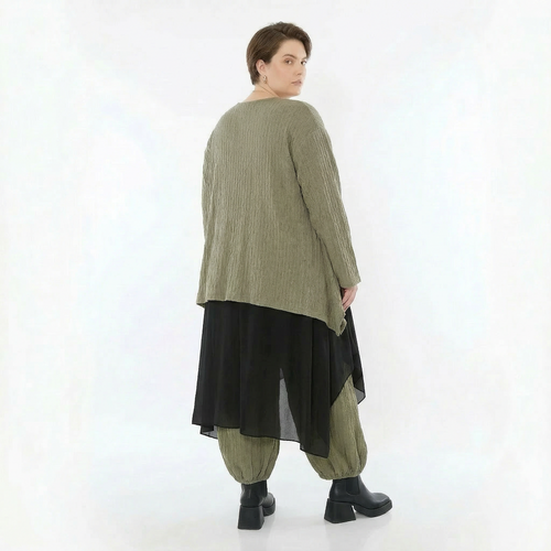 Olivfarbene Feinstrickjacke in A-Form mit Ajourmuster Rundhals Langarm und Taschen