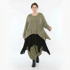 Olivfarbene Feinstrickjacke in A-Form mit Ajourmuster Rundhals Langarm und Taschen