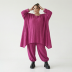 Fuchsia Feinstrick Ballonhose mit Streifen Wellen und Ajournmuster weich und stretchig