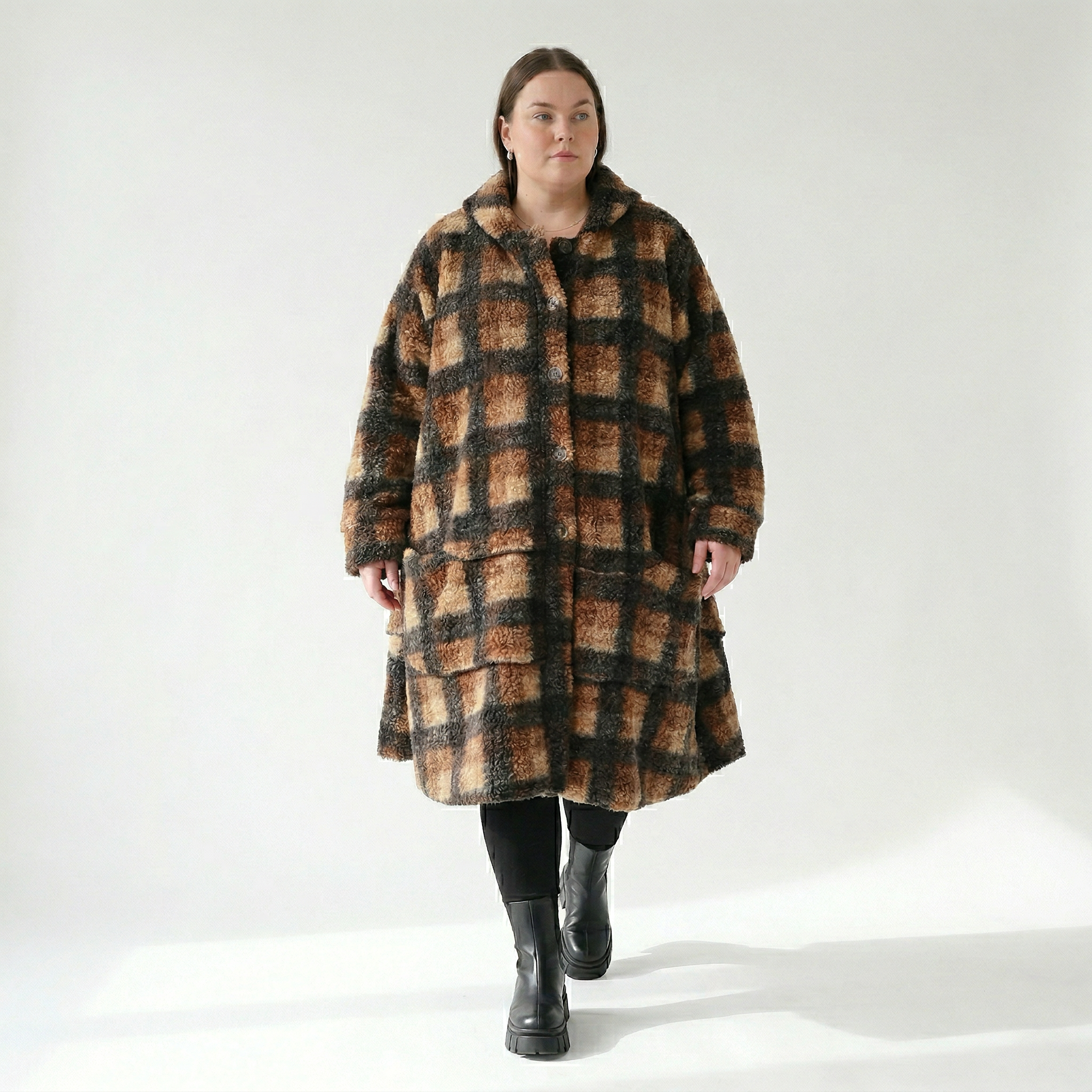  AKH Fashion Jacke in Glocken-Form, aus Polyester, 1535.02225, Cognac/Beige/Grau, Kariert