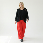 Rote Milano Stretch Hose mit weitem geradem Bein in Siebenachtellänge und Saumschlitz edel