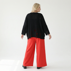 Rote Milano Stretch Hose mit weitem geradem Bein in Siebenachtellänge und Saumschlitz edel