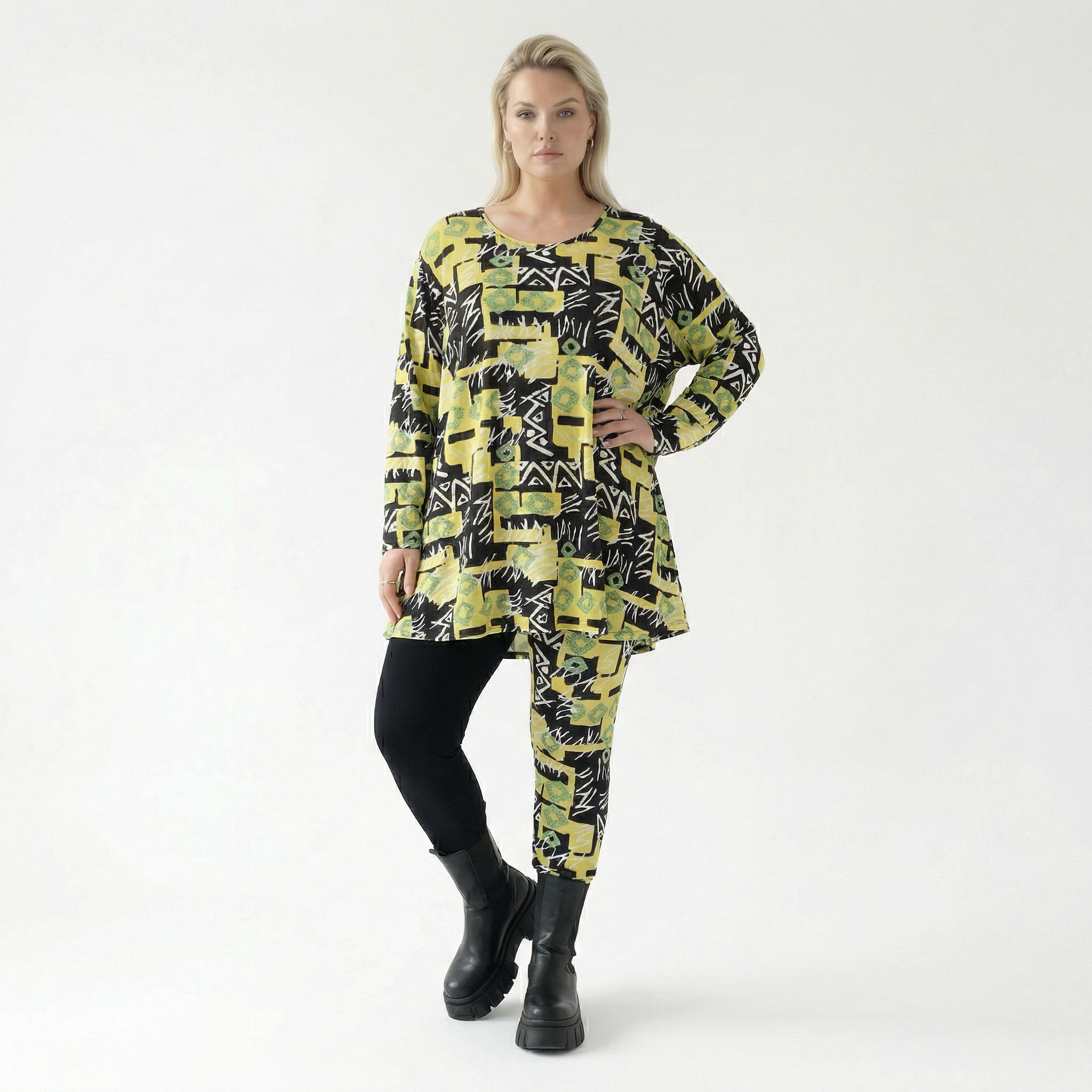  A-Form Bigshirt von AKH Fashion aus Viskose, 1556.03371, Gelb/Multi, Abstrakt, Ausgefallen