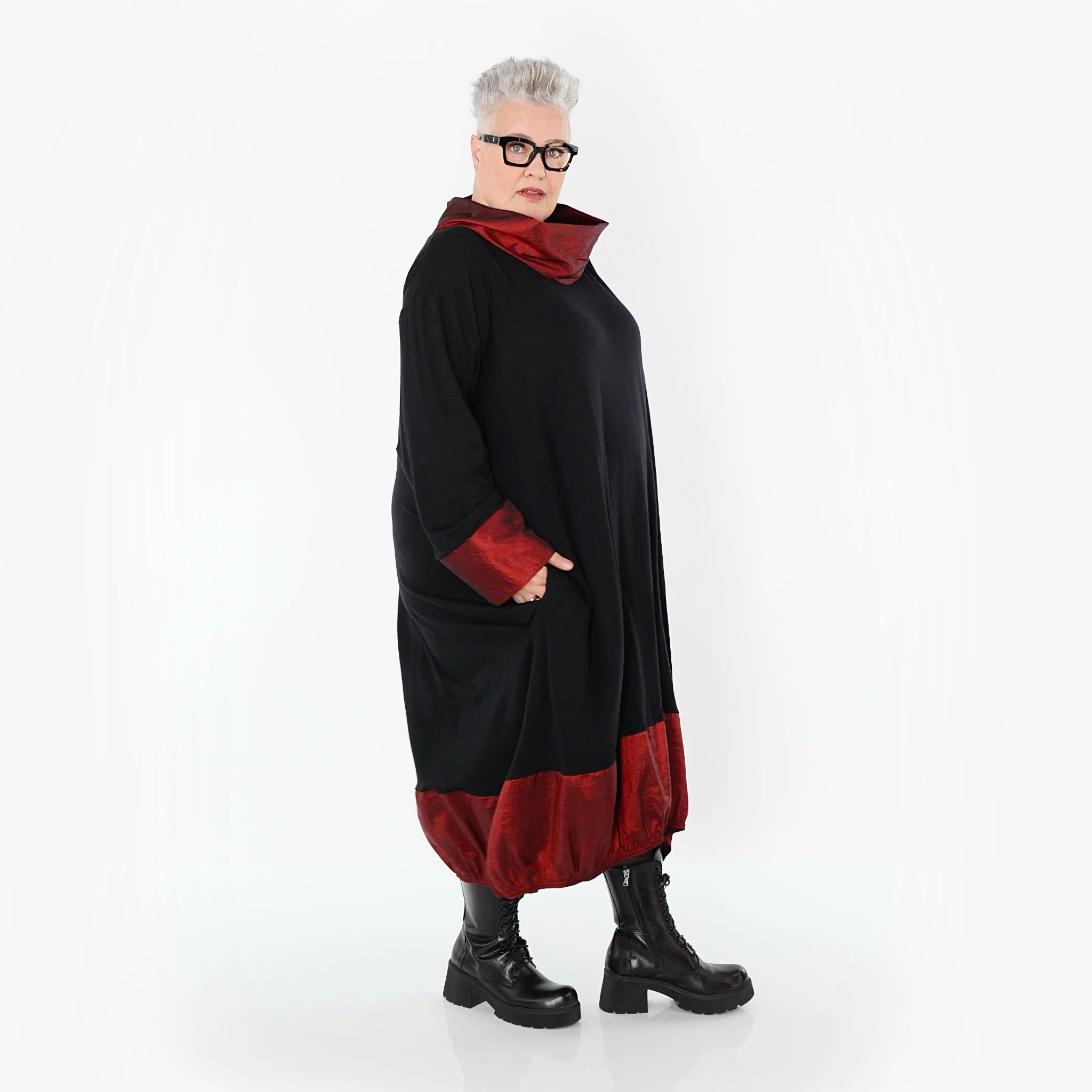 Ballonkleid von AKH Premium aus Viskose, P107156, Schwarz/Dunkelrot, Ausgefallen, Zeitlos