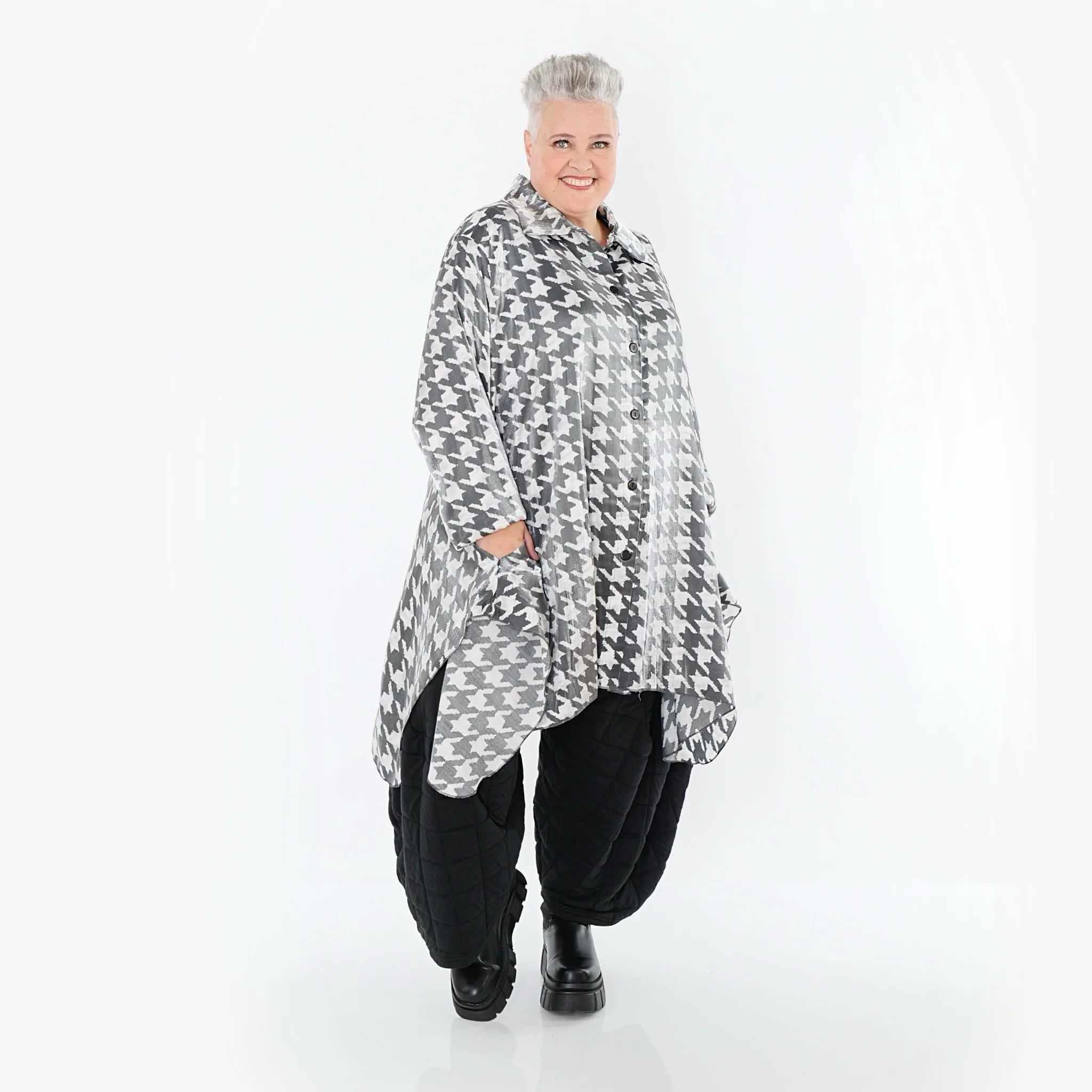  A-Form Bluse von AKH Premium aus Viskose, P106917, Weiß/Grau, Hahnentritt, Ausgefallen
