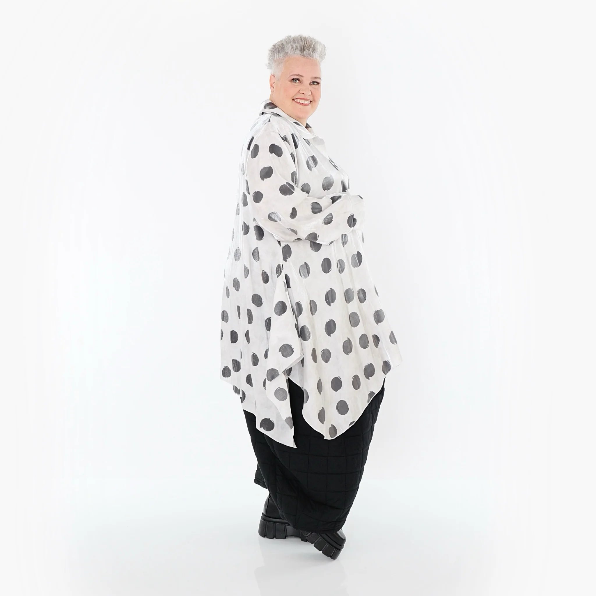  A-Form Bluse von AKH Premium aus Viskose, P1026.6917, Weiß/Grau, Punkte, Ausgefallen