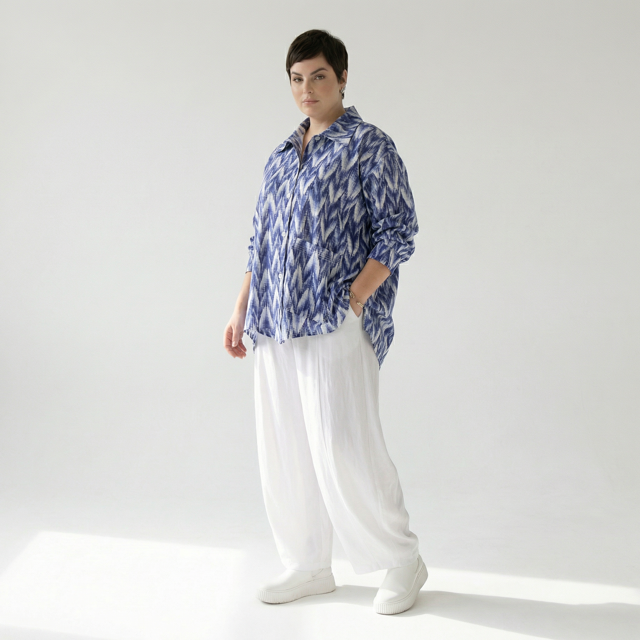  A-Form Bluse von AKH Fashion aus Baumwolle, 1504.07095, Blau/Weiß/Silber, ZickZack, Schick