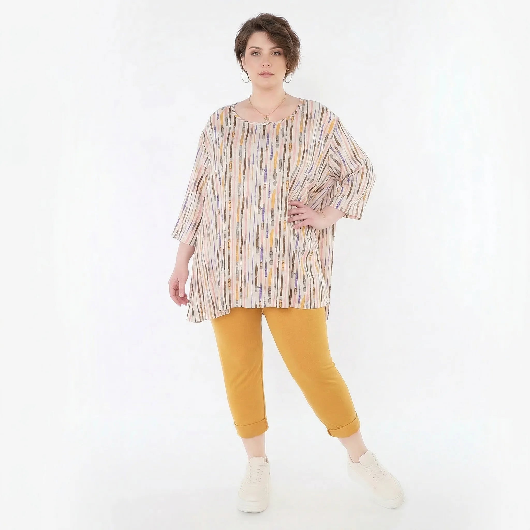 A-Form Oversize Shirt aus weich fallendem Jersey für zeitlosen Lagenlook und legeren Komfort, Ecru/Rosa/Multi