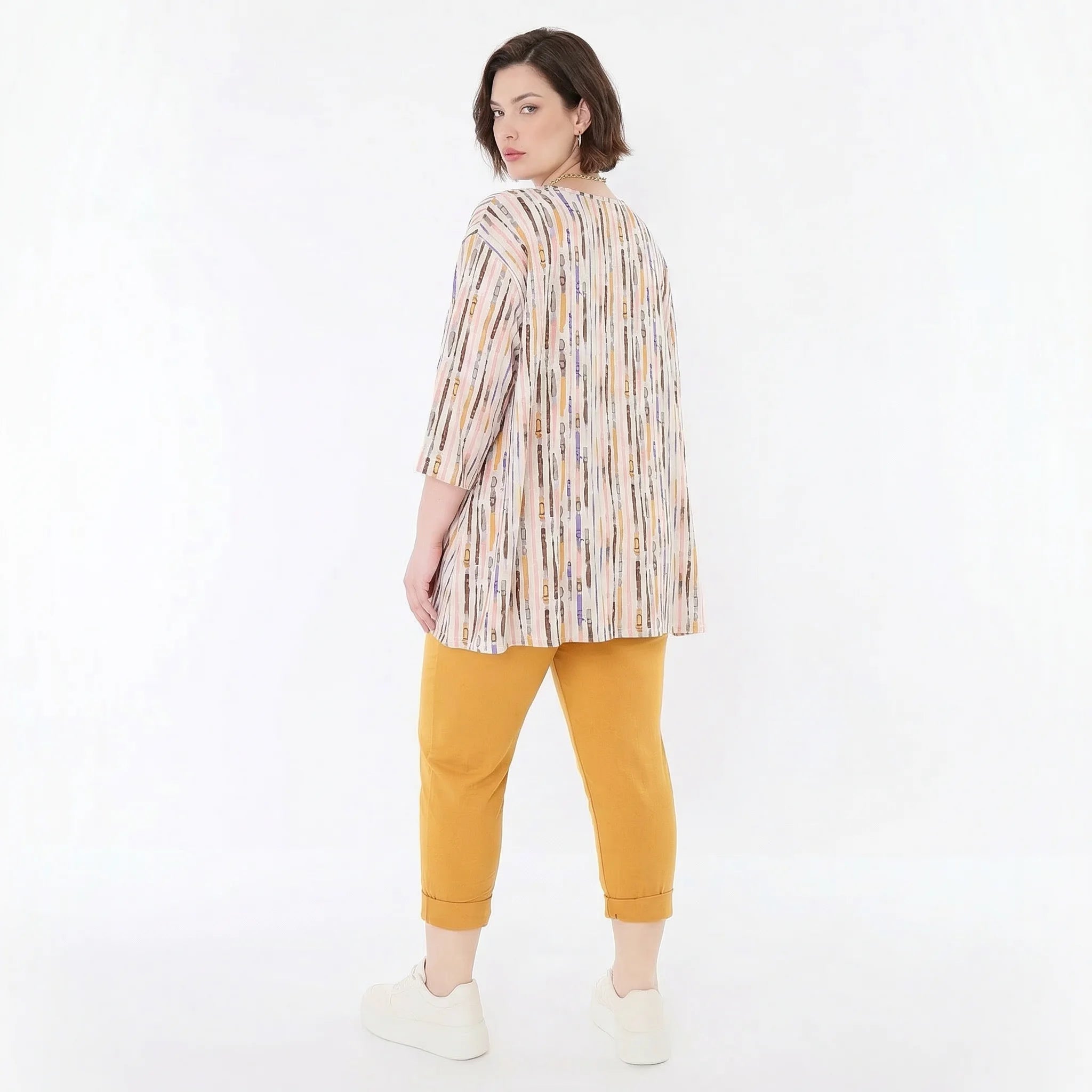 Zeitlos stilvolles Glockenform Shirt aus fein weichem Jersey für legeren Oversize Lagenlook, Ecru/Rosa/Multi