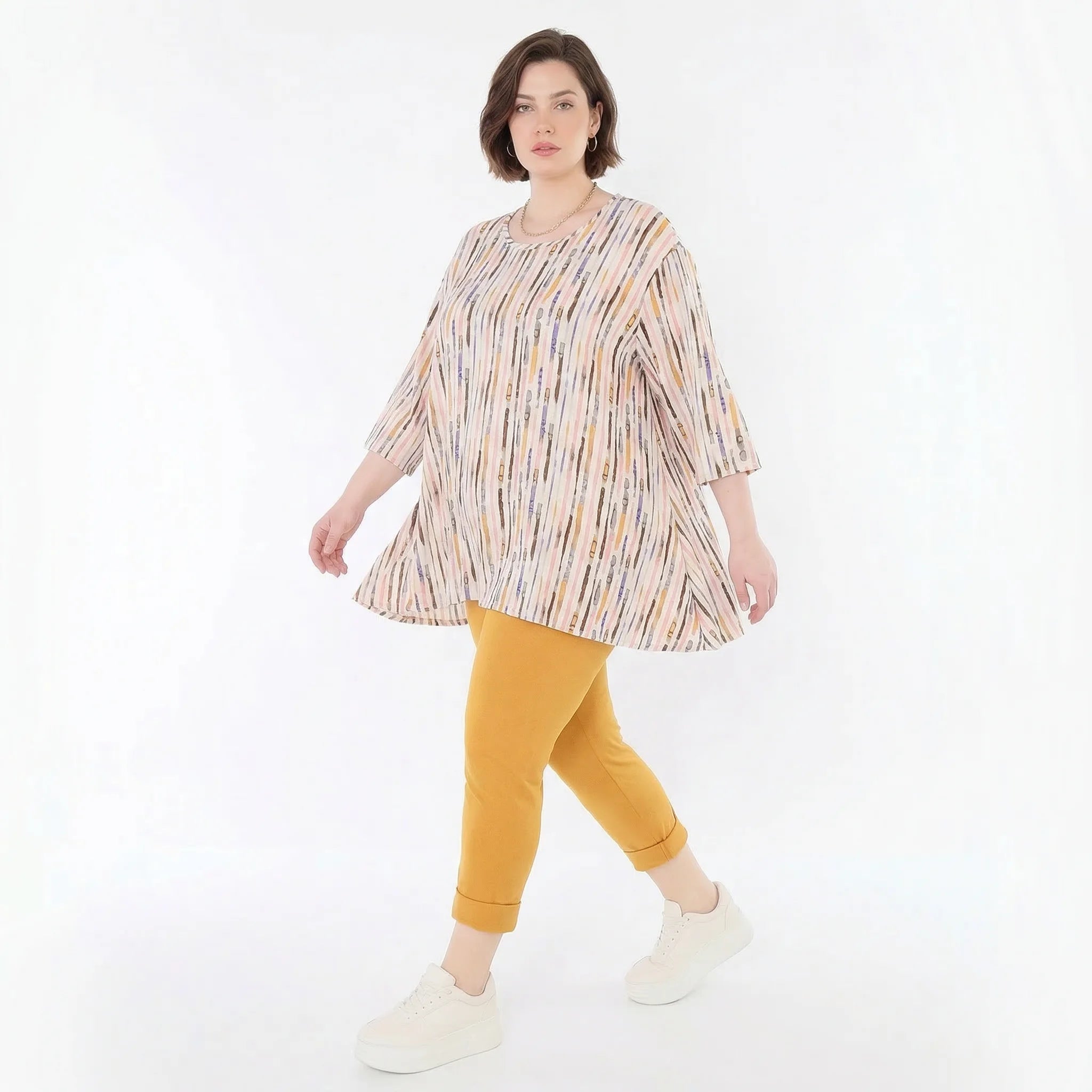 Zeitlos stilvolles Glockenform Shirt aus fein weichem Jersey für legeren Oversize Lagenlook, Ecru/Rosa/Multi