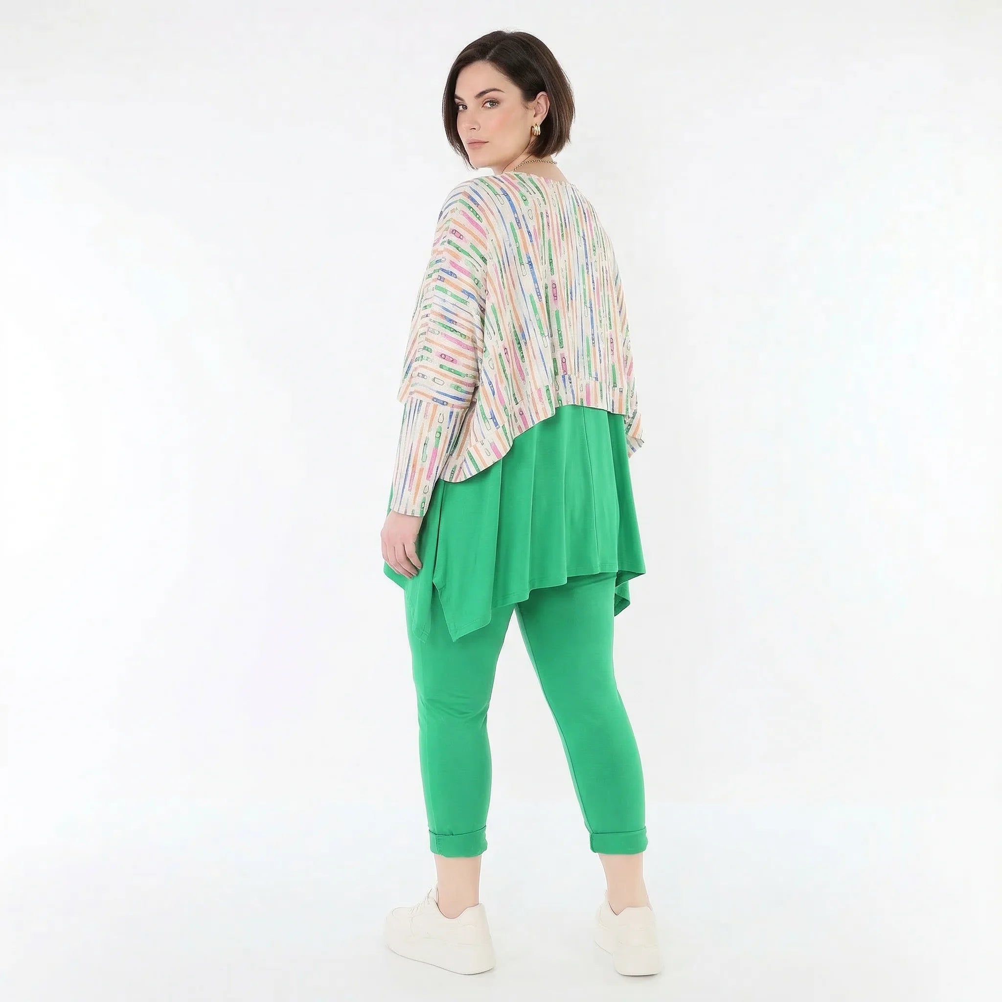 Ausgefallener Lagenlook Überwurf aus feinem Jersey im kastigen Oversize Style mit Pinselstrichmuster, Ecru/Fuchsia/Multi