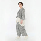 Luftige Ballon Hose im besonderen Lagenlook aus Leinen Baumwolle mit ZickZack Muster, Grau/Ecru