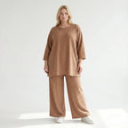 Palazzo Hose mit weitem Bein und ausgefallenem Jacquard Waffelmuster für lässigen Lagenlook, Cognac
