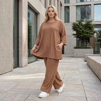 Palazzo Hose mit weitem Bein und ausgefallenem Jacquard Waffelmuster für lässigen Lagenlook, Cognac