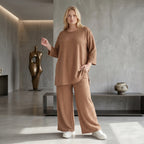 Palazzo Hose mit weitem Bein und ausgefallenem Jacquard Waffelmuster für lässigen Lagenlook, Cognac