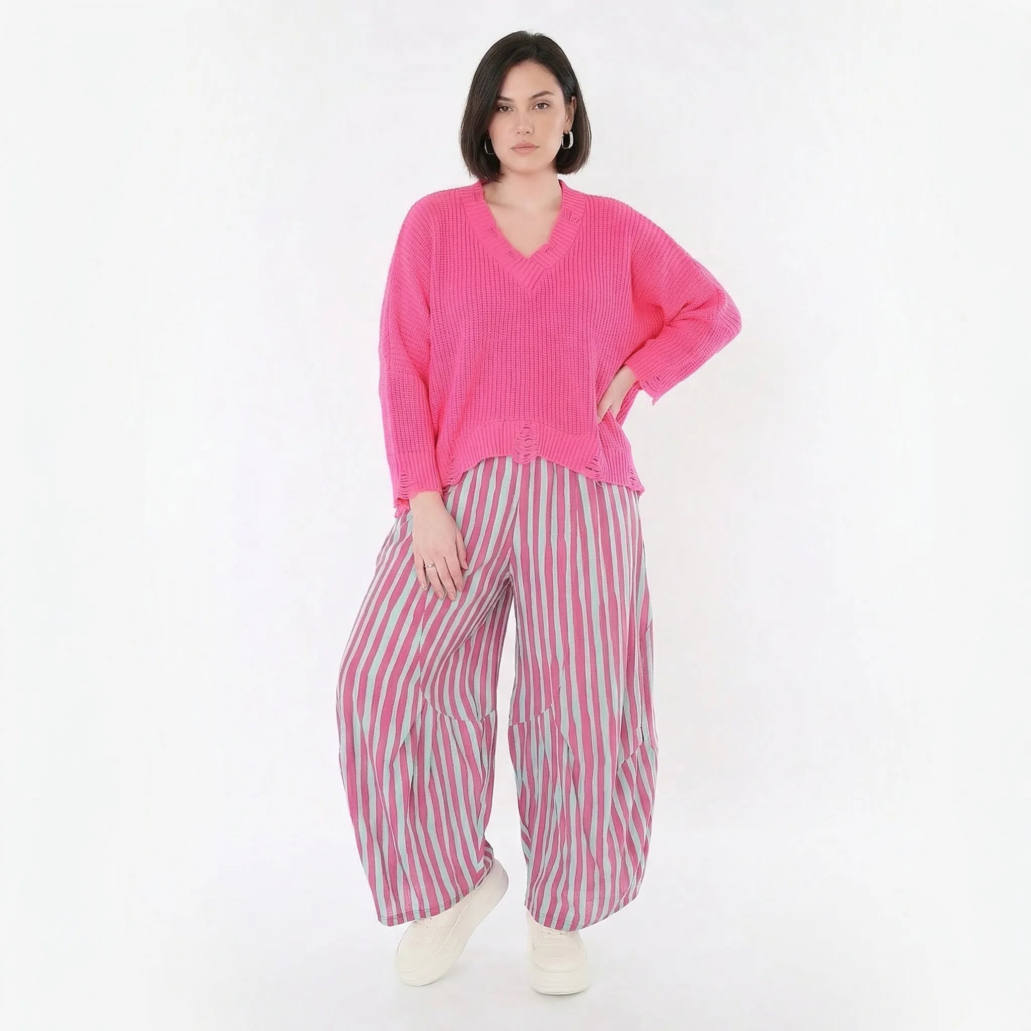 Ballon Hose im lässig zeitlosen Lagenlook mit weitem Bein und luftiger Leinen-Optik, Fuchsia/Mint