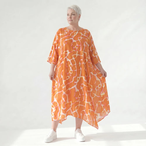 Ausgefallenes Ballonkleid im zeitlosen Lagenlook aus leichter Popeline mit schimmerndem Finish, Orange/Weiß