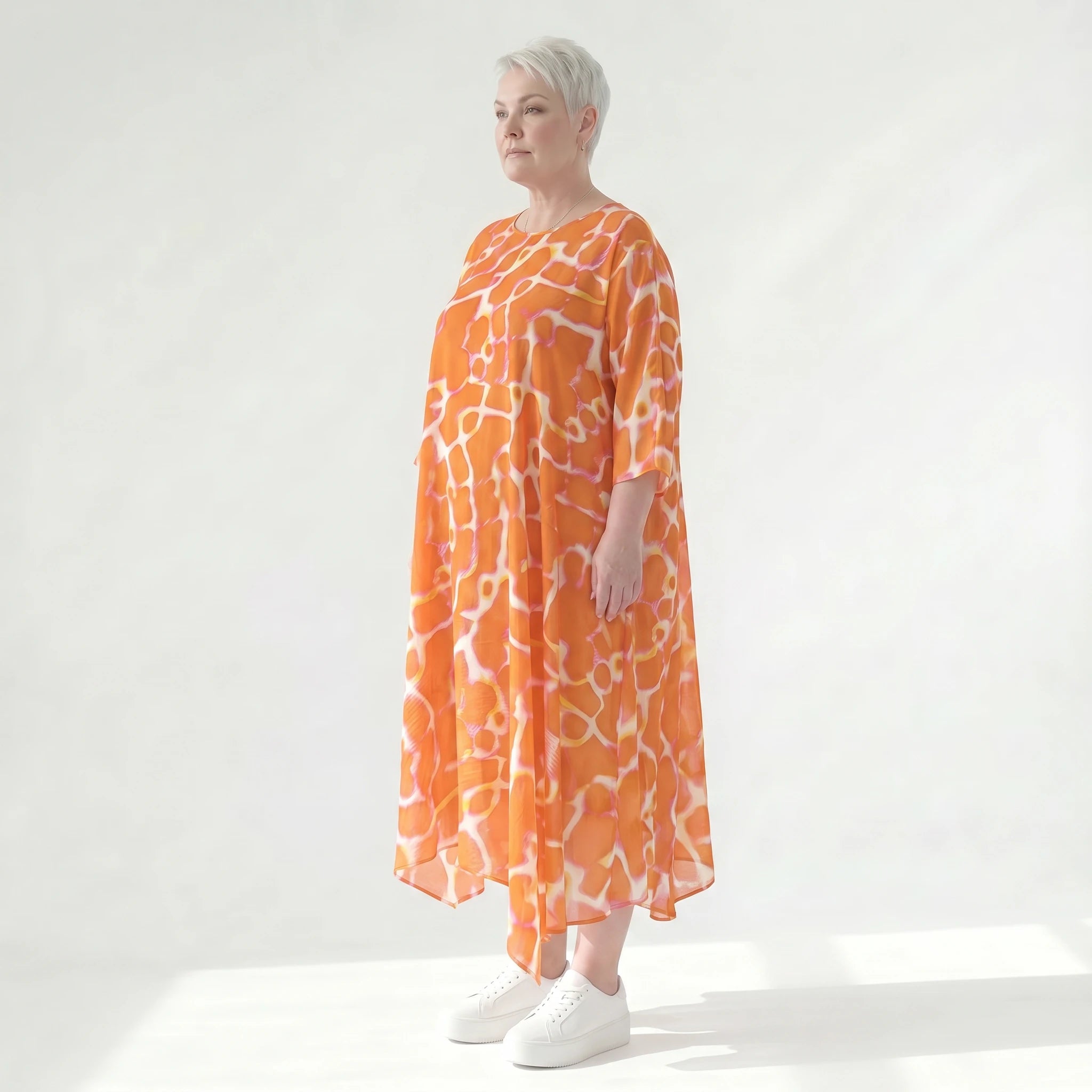 Ausgefallenes Ballonkleid im zeitlosen Lagenlook aus leichter Popeline mit schimmerndem Finish, Orange/Weiß